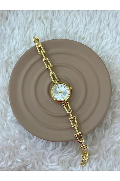 Choppers Women's Wristwatch Gold Color Chain Cord Quartz Stone Detailed Stylish Model