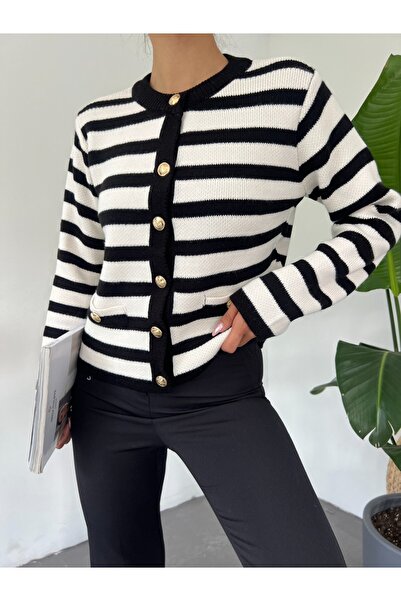 HİJABAYA Round Neck Striped Cardigan with Pocket Detail