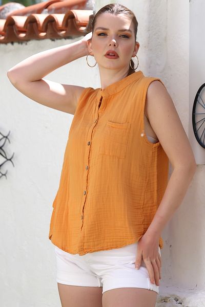 Chiccy Mustard Judge Collar Αμάνικο με ένα κουμπί με μονή τσέπη Casual μουσελίνα υφασμένη μπλούζα 68 60