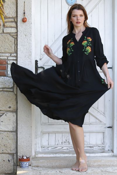 Chiccy Black Judge Collar Balloon Sleeve Button Pocket Skirt Ruffled Embroidery Casual Woven Dress 135 60