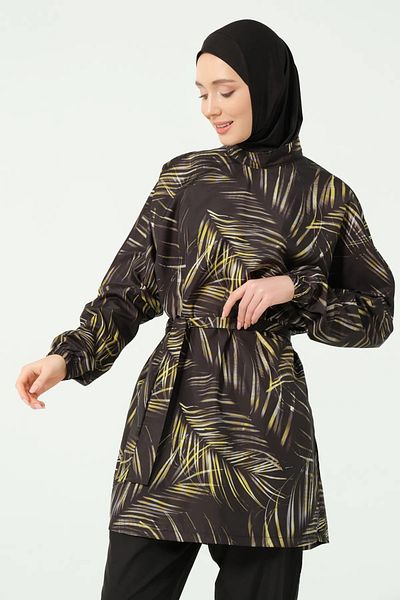 Bordomix 25245 Women's Black Leaf Patterned Hijab Swimsuit with Belt Detail