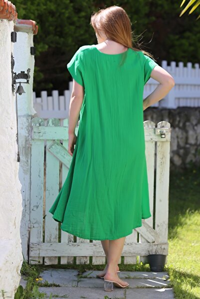 Chiccy Green V-Neck Low Sleeve Casual Muslin Woven Dress Flared Skirt 115 63