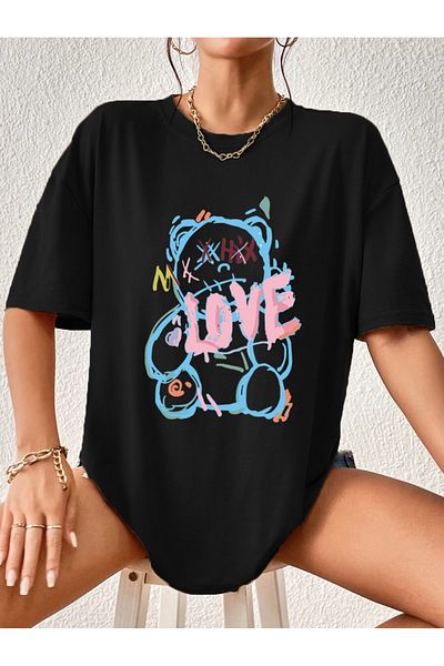 Modern Moda Love Bear Printed Oversize Cotton Tshirt,Trend Fashion T-Shirt