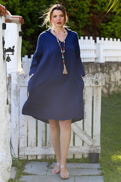 Chiccy Navy Blue Shirt Collar Buttoned 3/4 Sleeve Pocket Casual Muslin Woven Dress 105 65