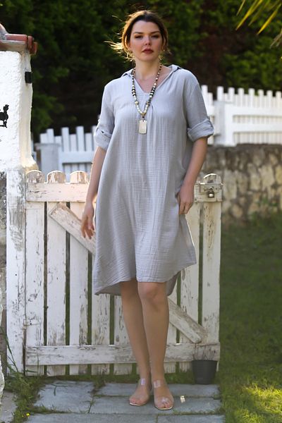 Chiccy Gray Shirt Collar Buttoned 3/4 Sleeve Pocket Casual Muslin Woven Dress 105 65
