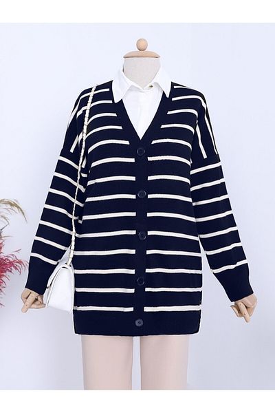 HİJABAYA Striped Buttoned V-Neck Knitwear Cardigan