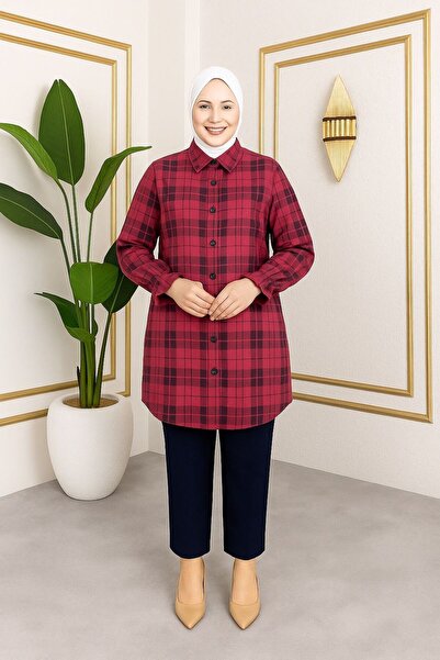 sd butique Yumuşak Dokulu Ekose Desenli Düğmeli Tunik - Rahat Kalıp, Günlük ve Şık Kullanım - Kol Büzgülü