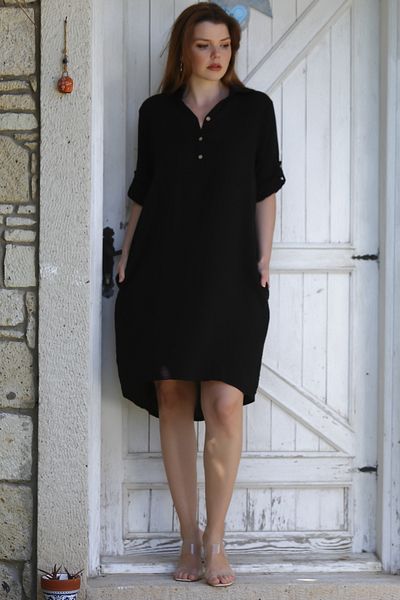Chiccy Black Shirt Collar Buttoned 3/4 Sleeve Casual Muslin Woven Dress with Hidden Pocket 105 60