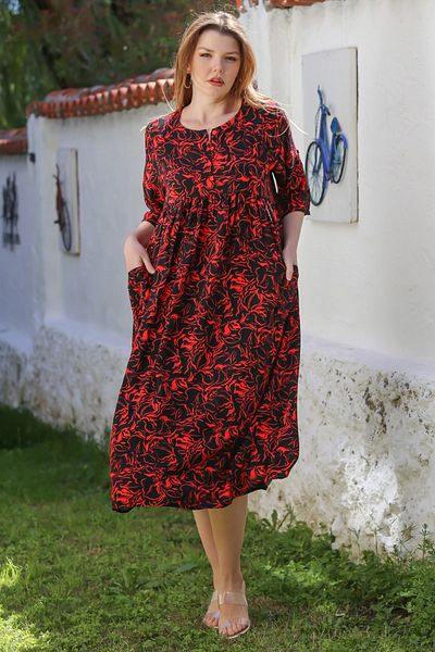 Chiccy Black-Red Round Neck Short Sleeve Floral Button Double Pocket Allover Printed Woven Dress 120 55