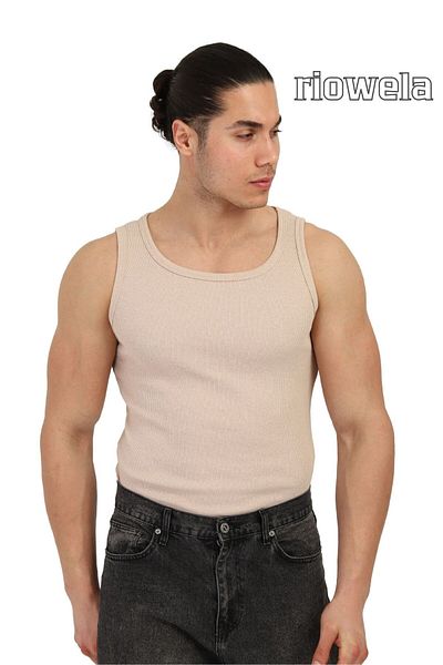 Riowela Men's Ribbed Undershirt - Cotton Flexible Sports Cut Beige