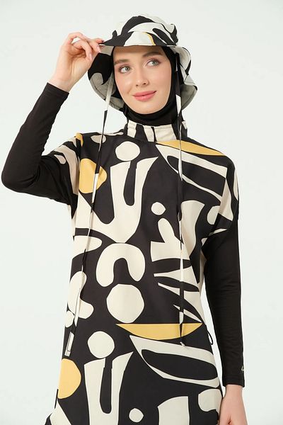 Bordomix 25309 Women's Black Patterned Hat Long Hijab Swimsuit