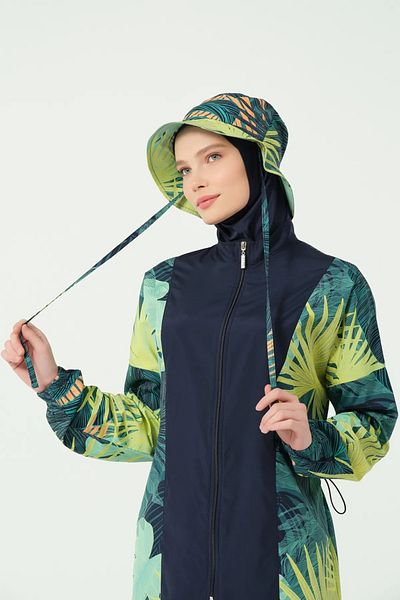 Bordomix 25270 Women's Green Leaf Patterned Hijab Swimsuit