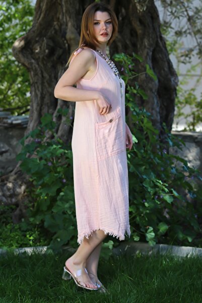Chiccy Pastel Pink V-Neck Strap Tie Pocket Dirty Stitching Casual Muslin Asymmetric Woven Dress 115 55