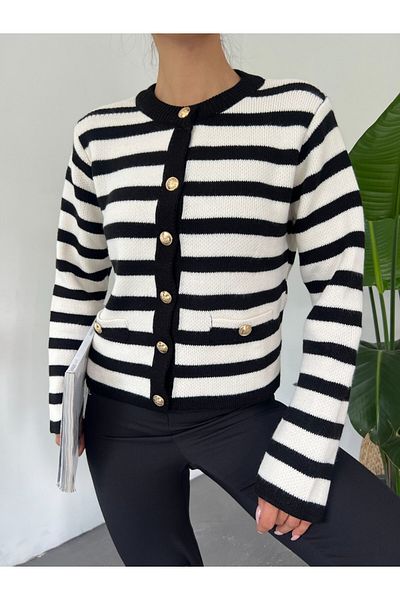 HİJABAYA Round Neck Striped Cardigan with Pocket Detail