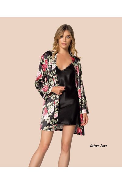 İntive Lingerie Σετ νυχτικό με μοτίβο λουλουδιών Intive Satin Black 2 τεμαχίων (προίκα)