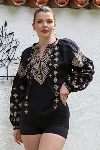 Chiccy Black Judge Collar Balloon Sleeve Embroidered Casual Woven Blouse 62 52