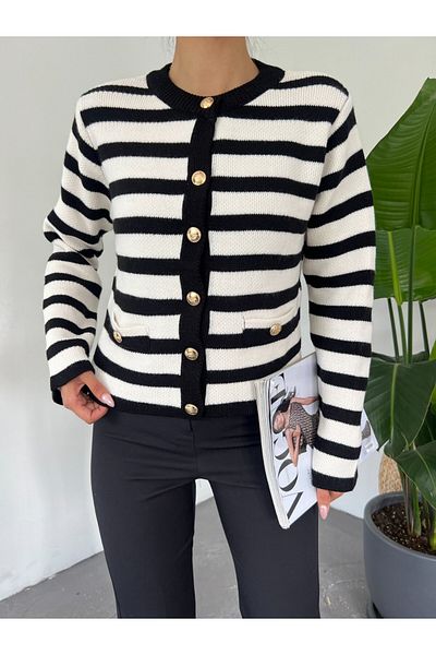 HİJABAYA Round Neck Striped Cardigan with Pocket Detail