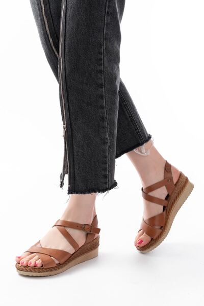 İnfon Ayakkabı Marketi A731-045 Genuine Leather Tan Women's Sandals - Cross-S...