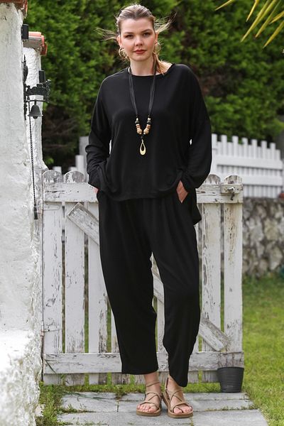 Chiccy Black Round Neck Long Sleeve Pocket Elastic Waist Baggy Oversize Knitted Bottom Top Set 75-100 80-80