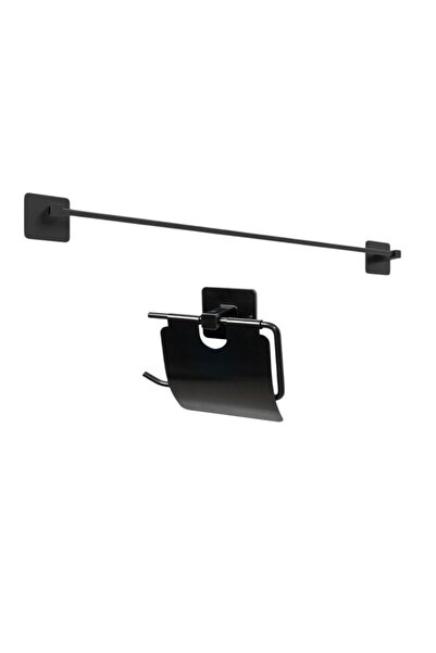 Zethome Yapışkanlı Siyah Banyo Seti 2 Parça Uzun Havluluk Ve Kapaklı Kağıtlık