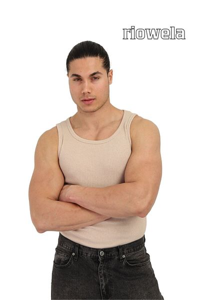 Riowela Men's Ribbed Undershirt - Cotton Flexible Sports Cut Beige
