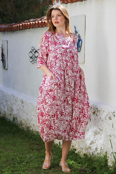 Chiccy White-Pink Round Neck Short Sleeve Floral Buttoned Double Pocket Allover Printed Woven Dress 120 55