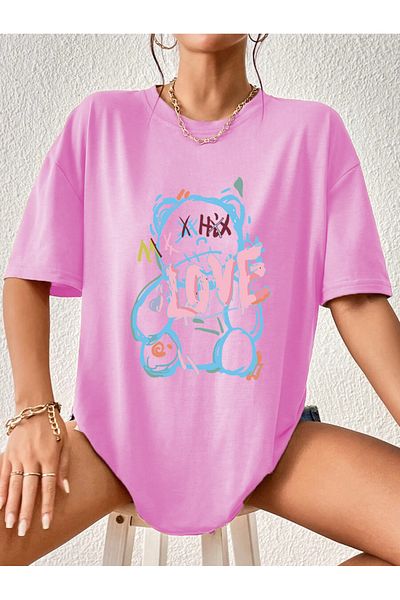 Modern Moda Love Bear Printed Oversize Cotton Tshirt,Trend Fashion T-Shirt