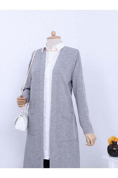 HİJABAYA Long Knitted Cardigan with Ribbed Pockets and Slits