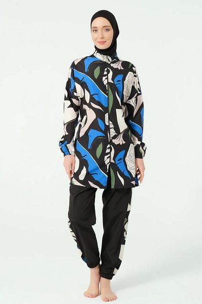 Bordomix 25288 Women's Black Blue Floral Stylish Hijab Swimsuit