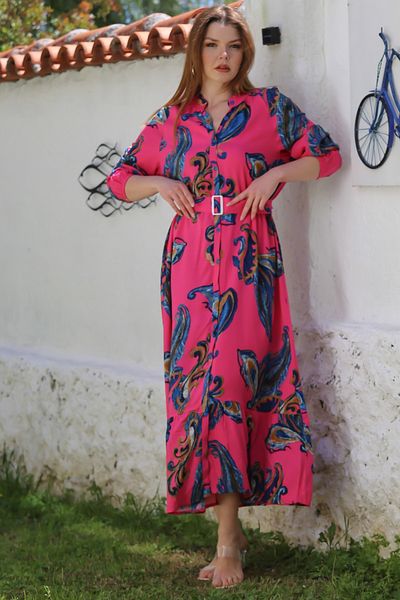 Chiccy Fuchsia Judge Collar Balloon Sleeve Shawl Decorated Button Skirt with Ruffle Belt Casual Woven Dress 145 65