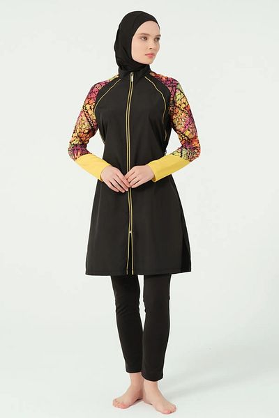 Bordomix 25417 Women's Black Sleeve Patterned Zipper Closure Hijab Swimsuit