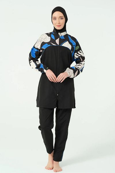 Bordomix 25289 Women's Black Blue Patterned Zipper Closure Hijab Swimsuit