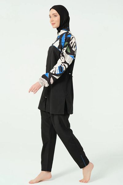 Bordomix 25289 Women's Black Blue Patterned Zipper Closure Hijab Swimsuit
