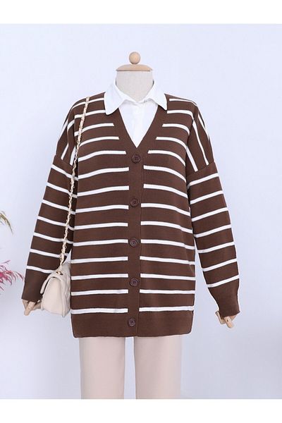 HİJABAYA Striped Buttoned V-Neck Knitwear Cardigan