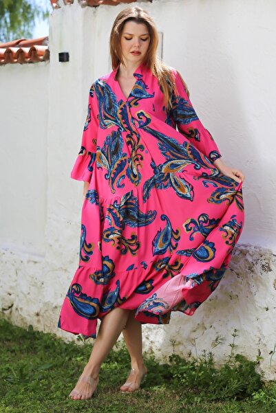 Chiccy Φούξια V λαιμόκοψη με βολάν μανίκι με μοτίβο σάλι με κουμπιά φούστα βολάν casual υφαντό φόρεμα βισκόζης 135 60