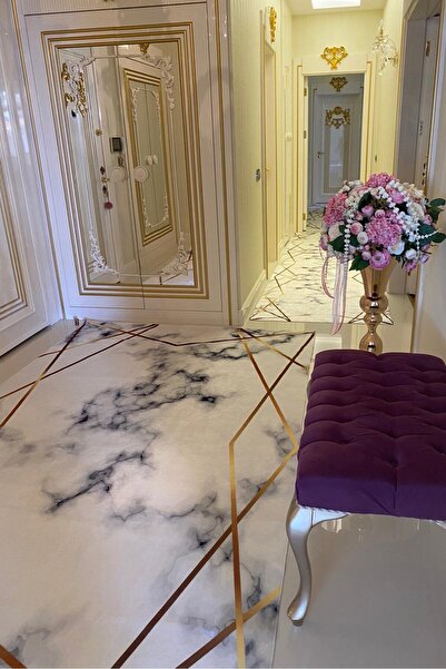 CENTER AVM Beyaz Gold Halı Makinede Yıkanabilir Kaymaz Taban Salon Halısı