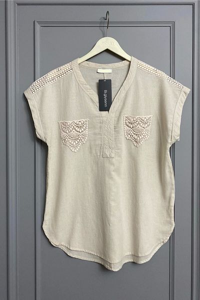 Bİ.GİYSEN Women's Beige Color Shoulder and Pocket Laced Linen Fabric Short Sleeve Blouse Shirt