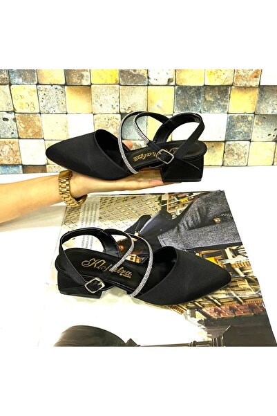 Trendy Moda Yeni Sezon Şık Rahat Taşlı Kadın 3 cm Siyah Kalın Topuklu Ayakkabı