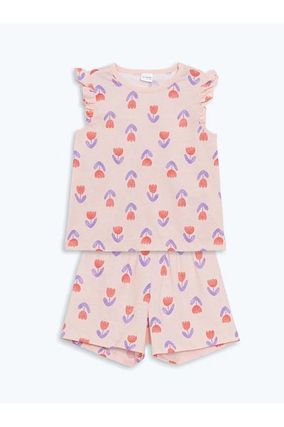 LC Waikiki LCW Kids Pink Floral Girl's Pijama Set cu pantaloni scurți