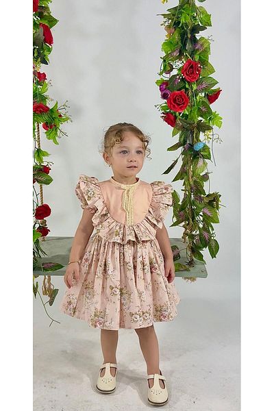 Hly Karol Tasarım Laurel Salmon Floral Vintage Baby Girl Dress, Birthday Dress, Photo Shoot Dress, Suitable for 0-7 Years Old