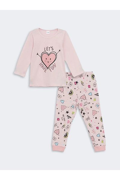 LC Waikiki Lcw Kids Pink Crew Neck Printed Girls' Pajamas Set