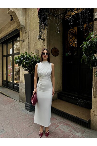 SHEYMA Drape Collar Lined Zippered Gathered Slit Sandy Fabric White Dress