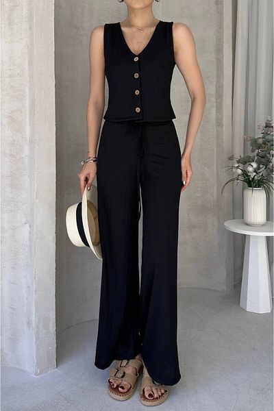 DENİKK Df2190 Women's Two-Piece Set with High Waist Casual Pants and Sleeveless Vest