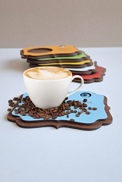 Kutaydan 6 Pieces Wooden Laser Cut Cups and Coffee Coasters with Evil Eye Beads