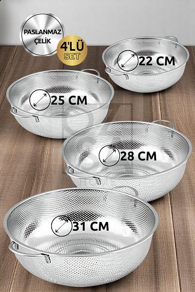 ÖzSa Home Set of 4 Stainless Steel Strainers Kitchen Strainer Set with Handles 22-25-28-31 cm