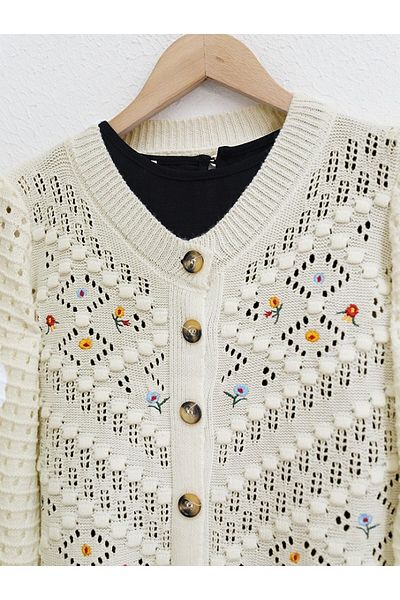 HİJABAYA Floral Embroidered Pompom Openwork Sweater Cardigan