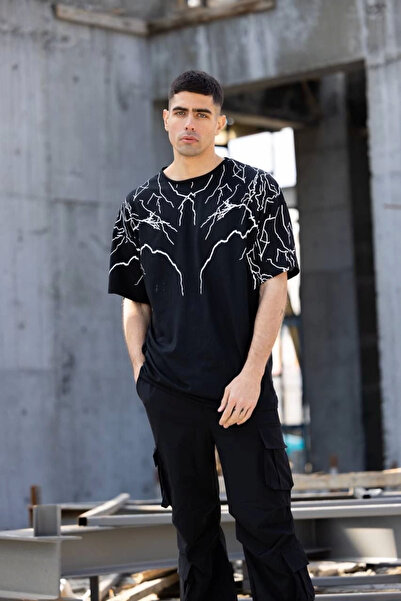 LUMİART تي شيرت كبير الحجم مطبوع برقبة دائرية للجنسين - أسود