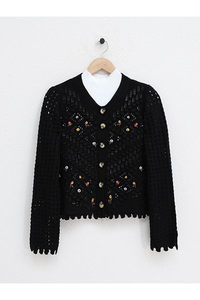 HİJABAYA Floral Embroidered Pompom Openwork Sweater Cardigan