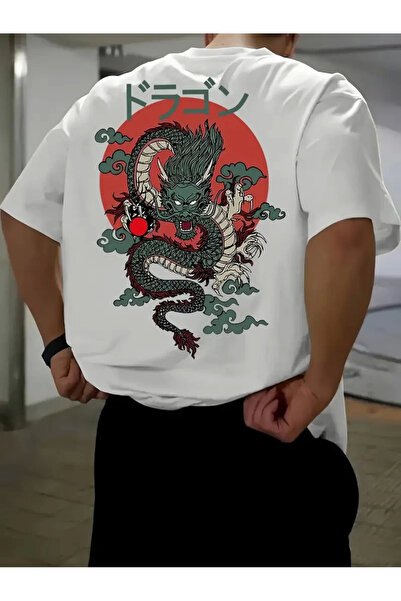 velmorafashion تي شيرت Velmora Premium Front Back Ejder مطبوع قصة فضفاضة برقب...