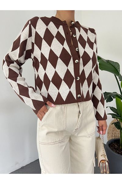 HİJABAYA Crew Neck Buttoned Diamond Pattern Cardigan